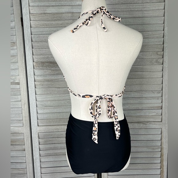 XHILARATION Bikini Set Leopard Triangle Top/High Waisted Black Bottoms-L and M - Picture 3 of 3